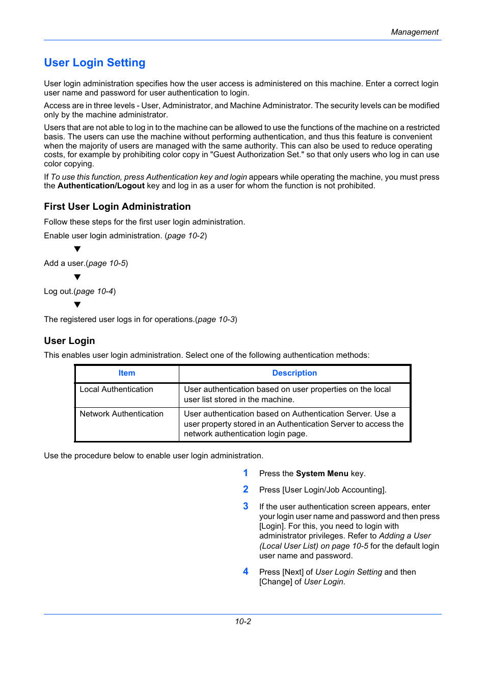 User login setting, First user login administration, User login | User login setting -2, E 10-2 | TA Triumph-Adler DCC 2930 User Manual | Page 424 / 588