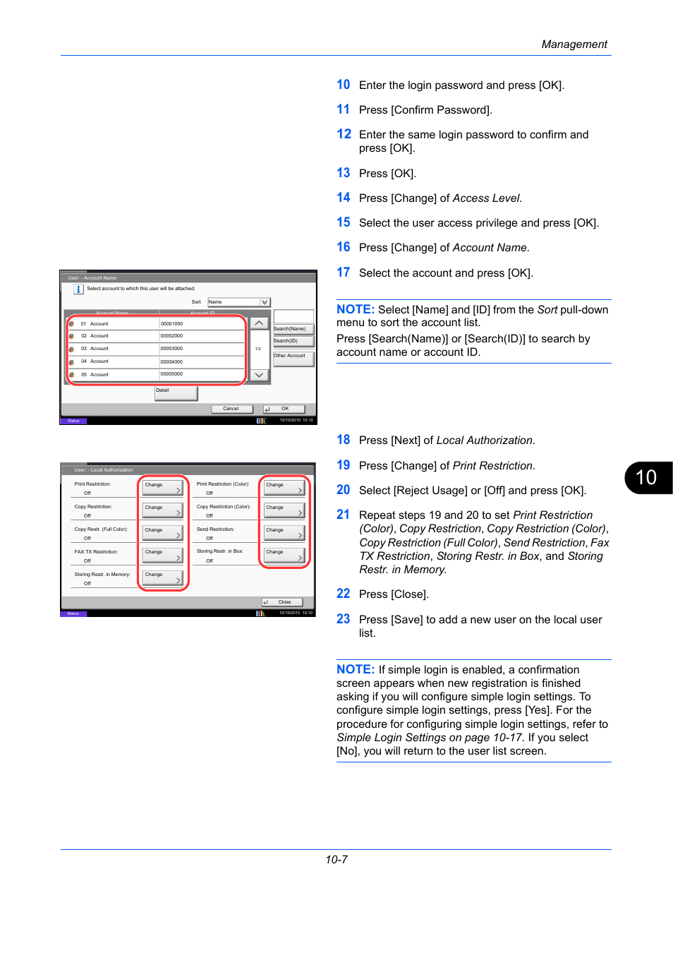 Management 10-7, Enter the login password and press [ok, Press [confirm password | Press [ok, Press [change] of access level, Select the user access privilege and press [ok, Press [change] of account name, Select the account and press [ok, Press [next] of local authorization, Press [change] of print restriction | TA Triumph-Adler DCC 2930 User Manual | Page 429 / 588