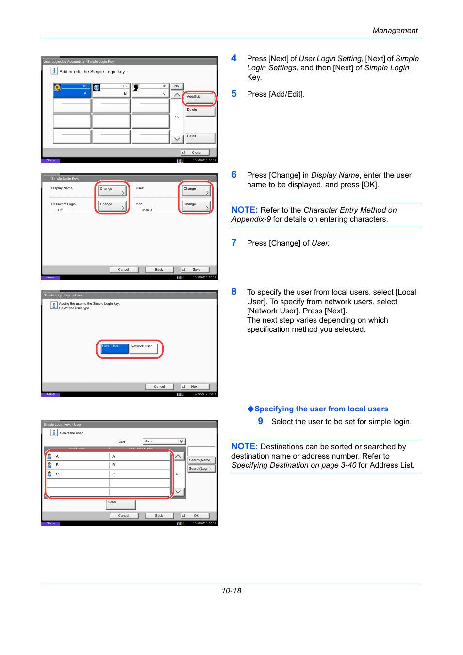 Management 10-18, Press [add/edit, Press [change] of user | Select the user to be set for simple login | TA Triumph-Adler DCC 2930 User Manual | Page 440 / 588