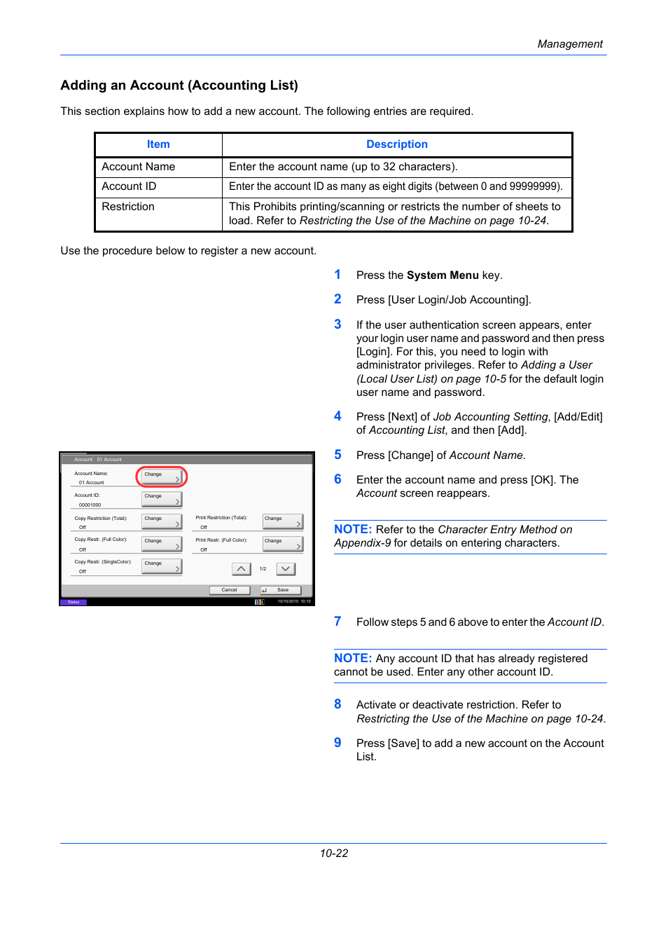 Adding an account (accounting list), Ge 10-22) | TA Triumph-Adler DCC 2930 User Manual | Page 444 / 588