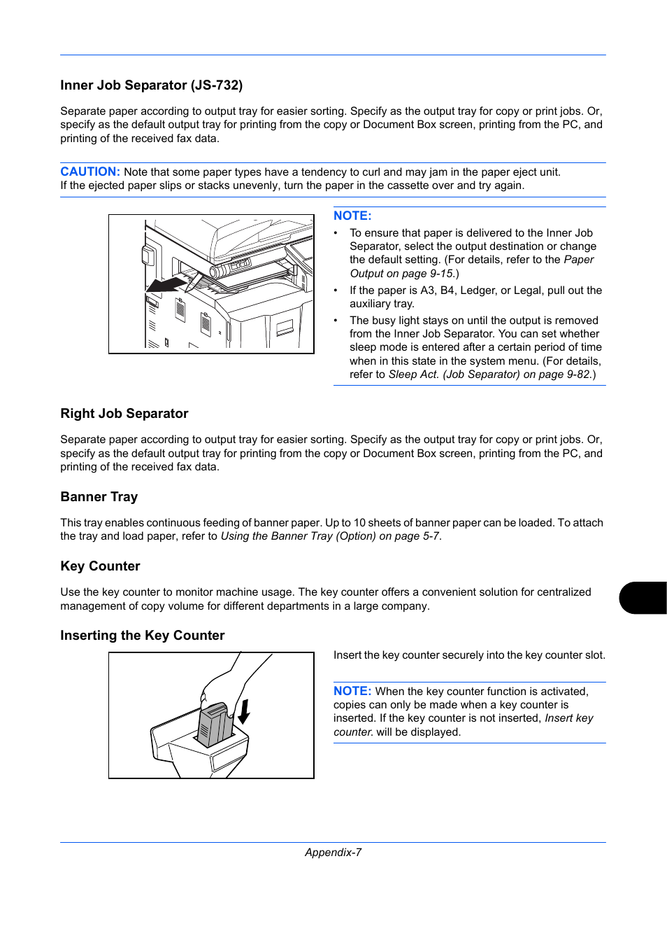 Inner job separator (js-732), Right job separator, Banner tray | Key counter, Inserting the key counter | TA Triumph-Adler DCC 2930 User Manual | Page 543 / 588