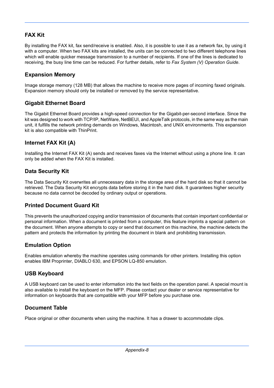 Fax kit, Expansion memory, Gigabit ethernet board | Internet fax kit (a), Data security kit, Printed document guard kit, Emulation option, Usb keyboard, Document table | TA Triumph-Adler DCC 2930 User Manual | Page 544 / 588