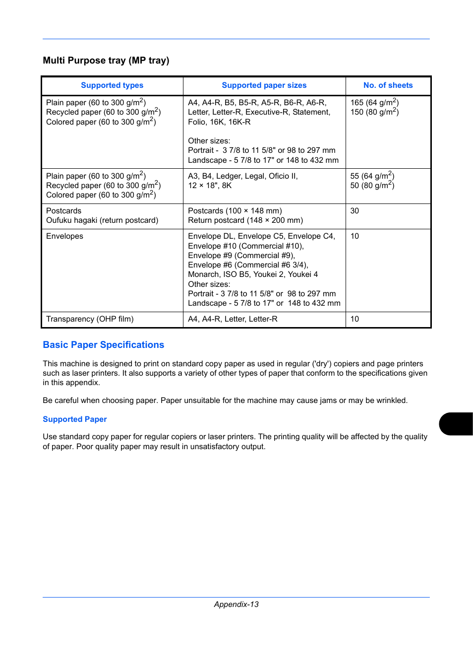Multi purpose tray (mp tray), Basic paper specifications | TA Triumph-Adler DCC 2930 User Manual | Page 549 / 588