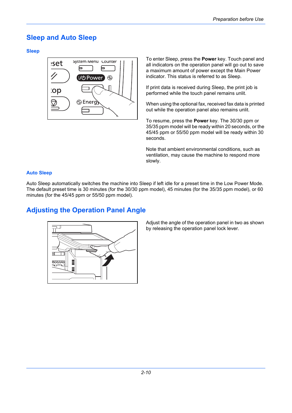 Sleep and auto sleep, Adjusting the operation panel angle, Sleep and auto sleep -10 | Adjusting the operation panel angle -10 | TA Triumph-Adler DCC 2930 User Manual | Page 56 / 588