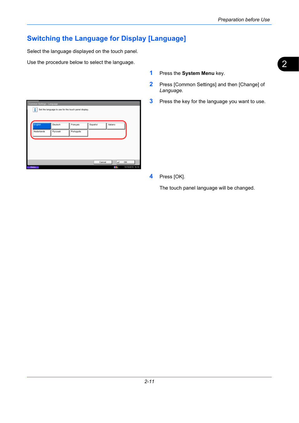 Switching the language for display [language, Switching the language for display [language] -11 | TA Triumph-Adler DCC 2930 User Manual | Page 57 / 588