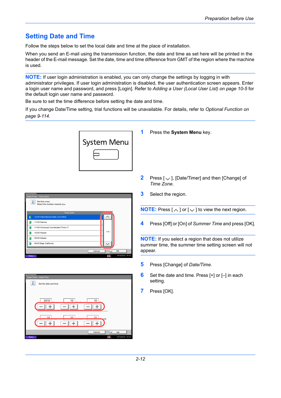 Setting date and time, Setting date and time -12 | TA Triumph-Adler DCC 2930 User Manual | Page 58 / 588