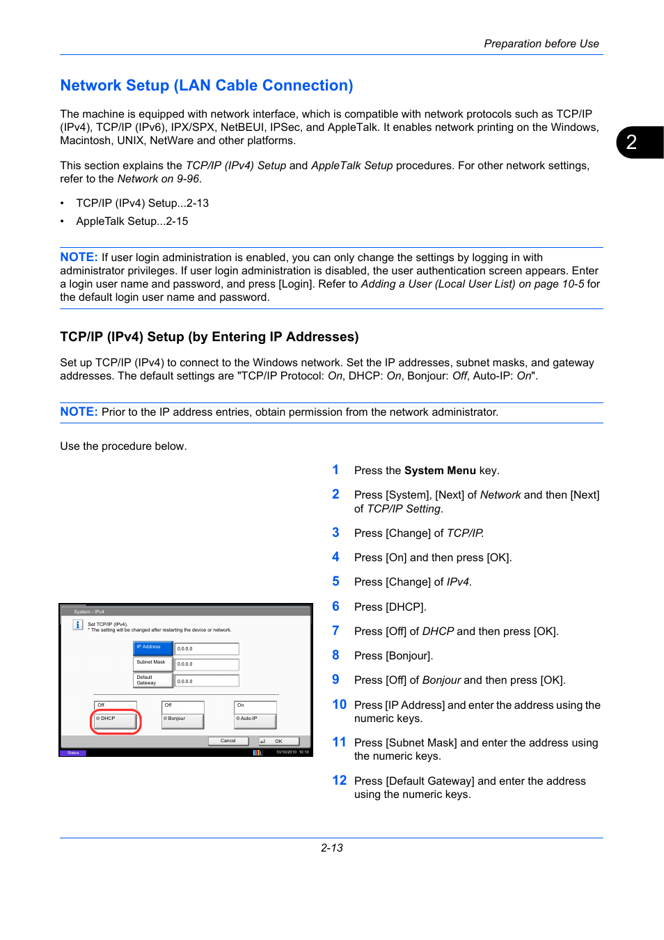 Network setup (lan cable connection), Tcp/ip (ipv4) setup (by entering ip addresses), Network setup (lan cable connection) -13 | TA Triumph-Adler DCC 2930 User Manual | Page 59 / 588