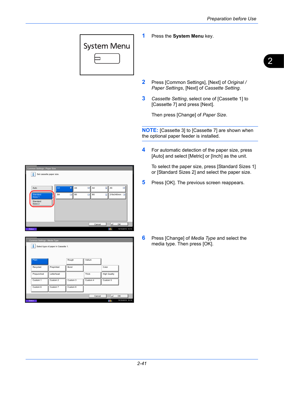 Preparation before use 2-41, Press the system menu key, Press [ok]. the previous screen reappears | TA Triumph-Adler DCC 2930 User Manual | Page 87 / 588
