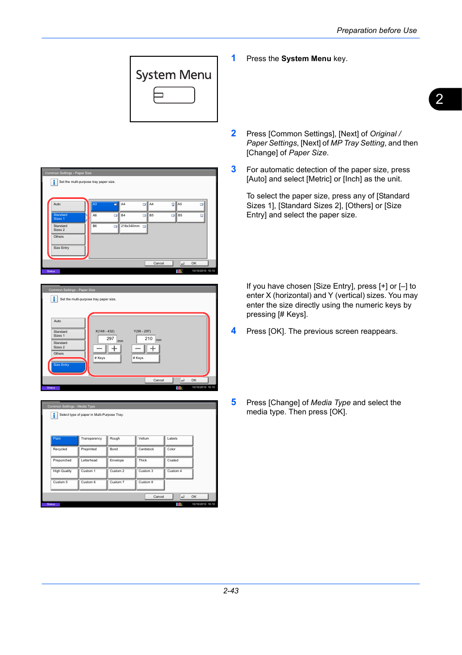 Preparation before use 2-43, Press the system menu key, Press [ok]. the previous screen reappears | TA Triumph-Adler DCC 2930 User Manual | Page 89 / 588