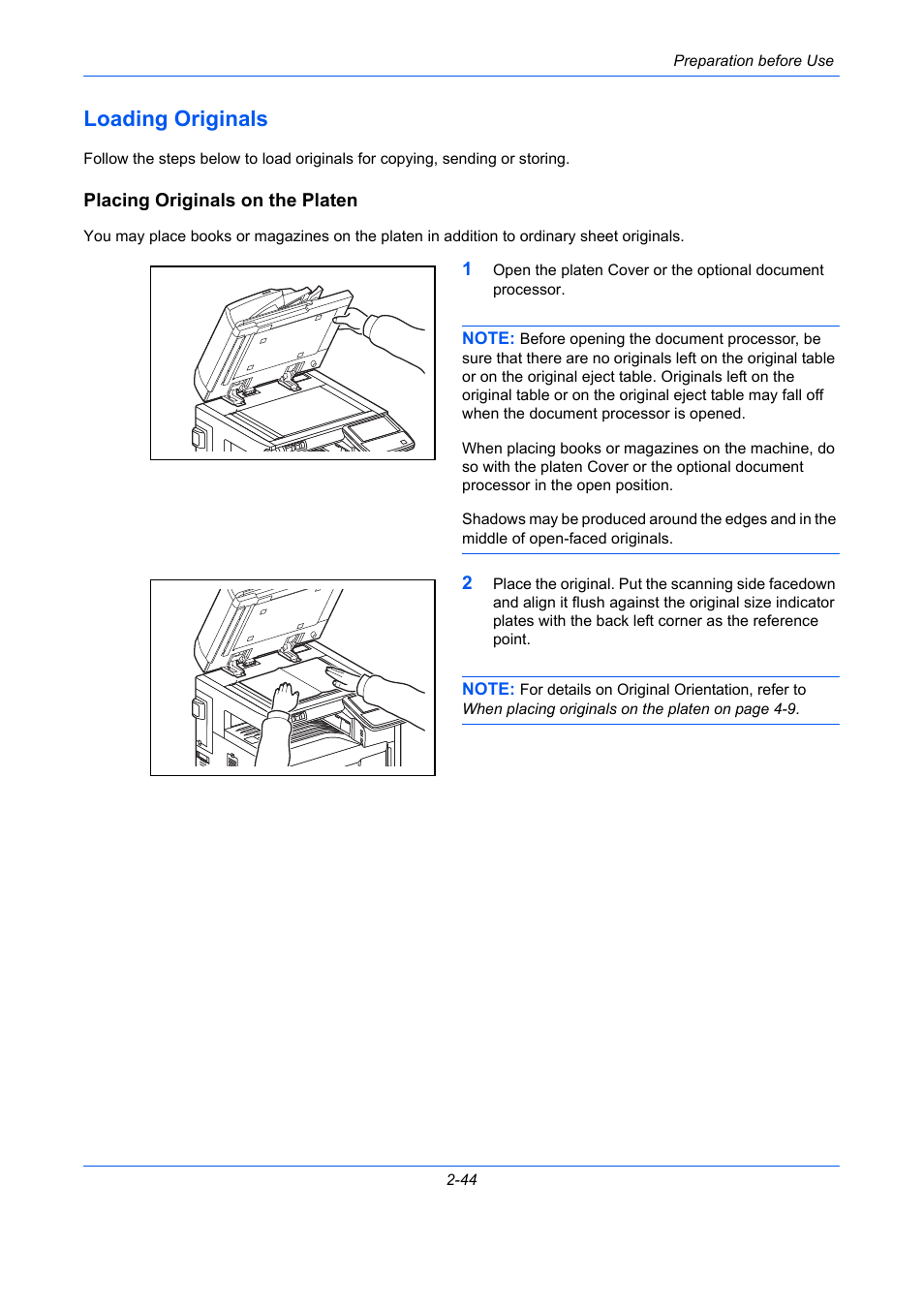 Loading originals, Placing originals on the platen, Loading originals -44 | Placing originals on, The platen -44, Placing originals on the platen -44 | TA Triumph-Adler DCC 2930 User Manual | Page 90 / 588