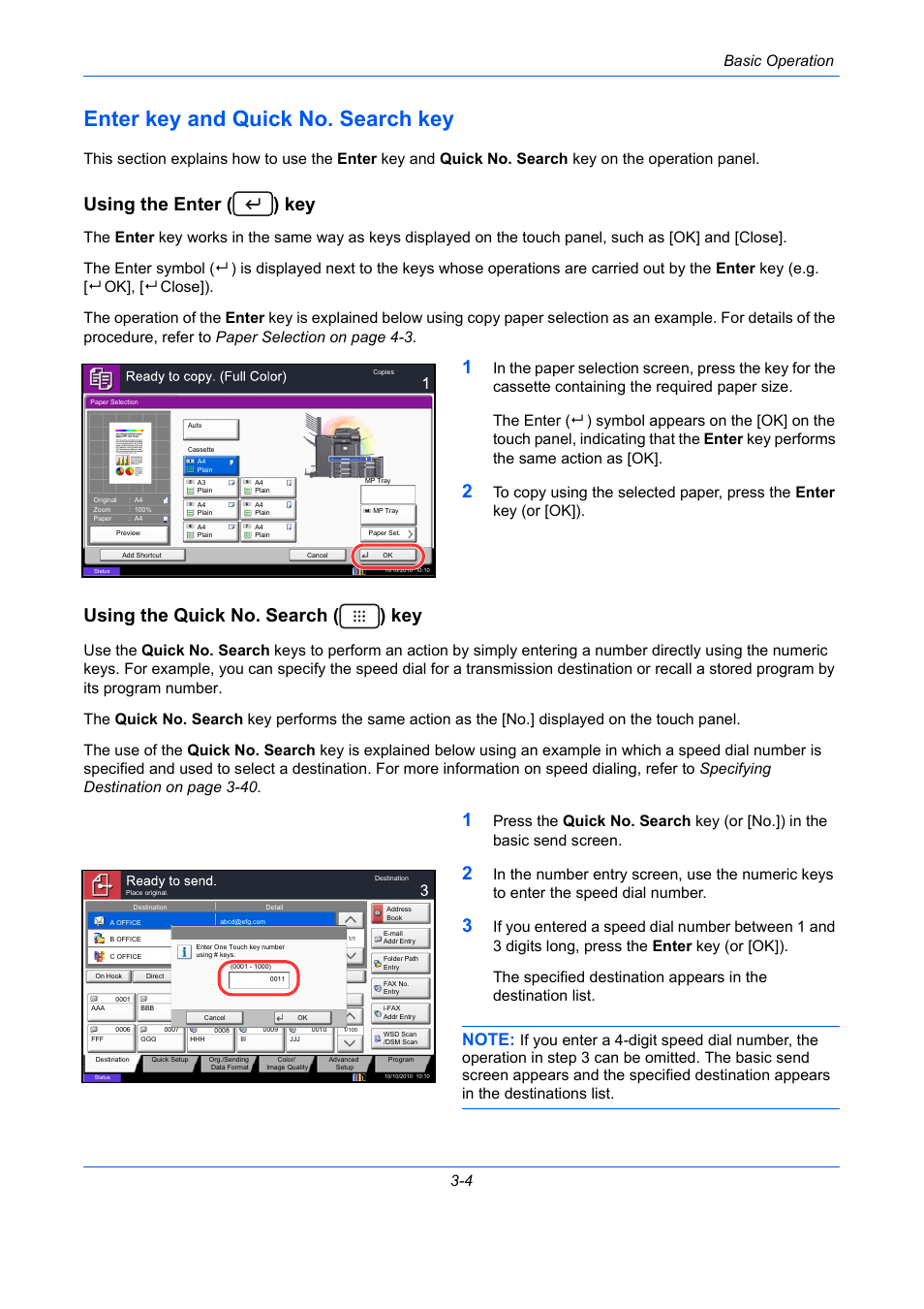 Enter key and quick no. search key, Using the enter () key, Using the quick no. search () key | Enter key and quick no. search key -4, Using the enter ( ) key, Using the quick no. search ( ) key, Basic operation 3-4 | TA Triumph-Adler DCC 2930 User Manual | Page 98 / 588