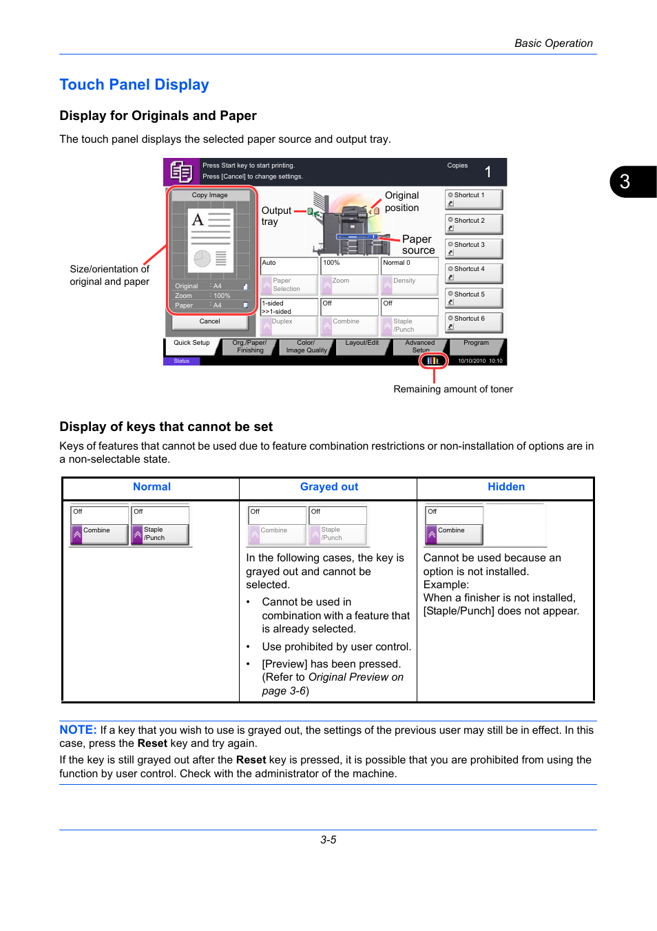 Touch panel display, Display for originals and paper, Display of keys that cannot be set | Touch panel display -5, Basic operation 3-5, Paper source | TA Triumph-Adler DCC 2930 User Manual | Page 99 / 588