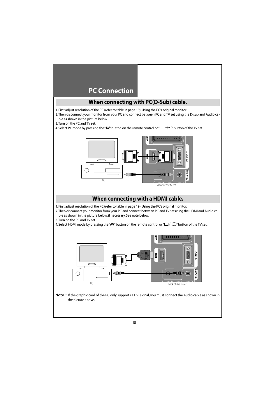 Pc connection, When connecting with pc(d-sub) cable, When connecting with a hdmi cable | Daewoo DLT-20J3T User Manual | Page 18 / 48