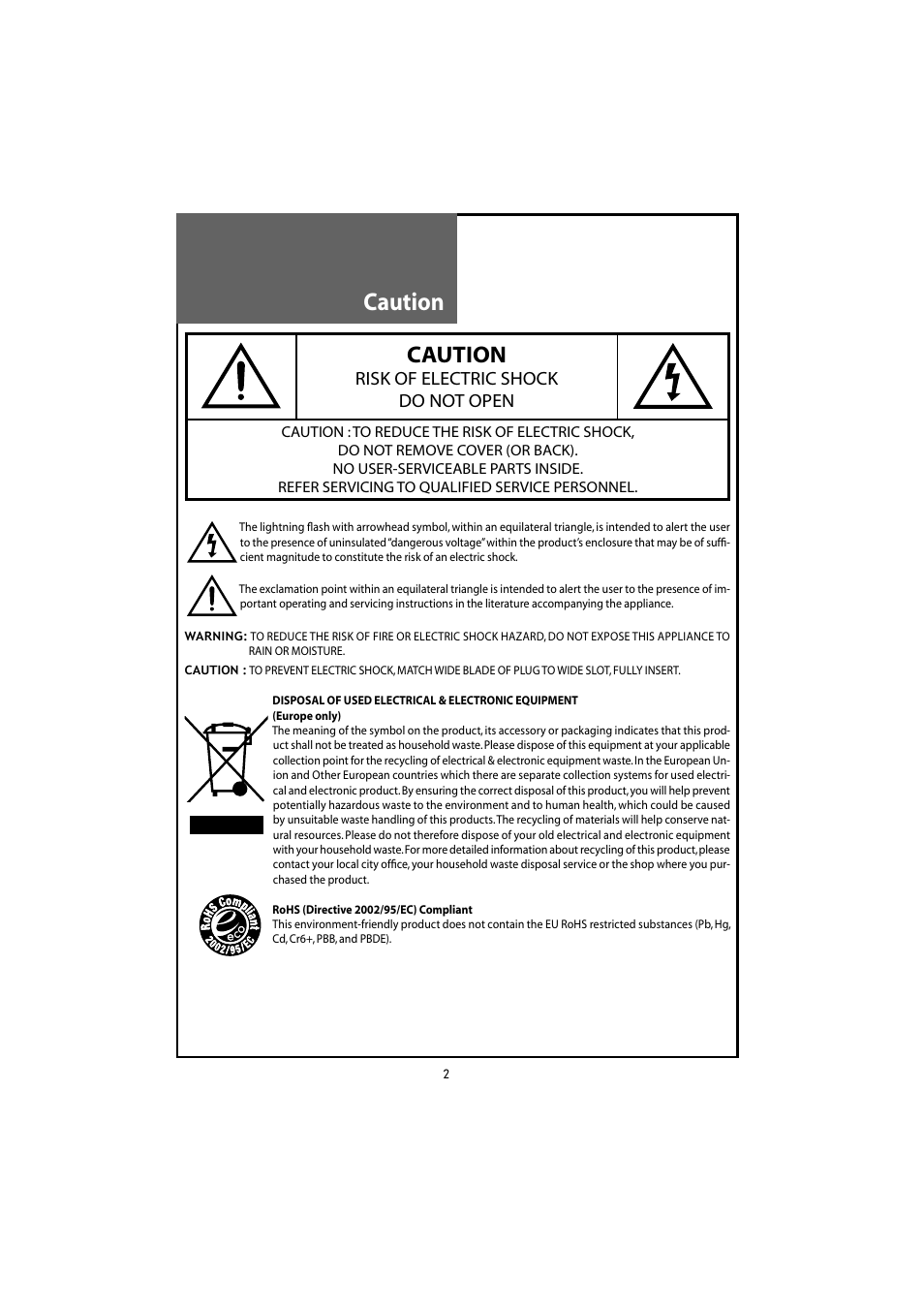 Caution, Risk of electric shock do not open | Daewoo DLT-20J3T User Manual | Page 2 / 48