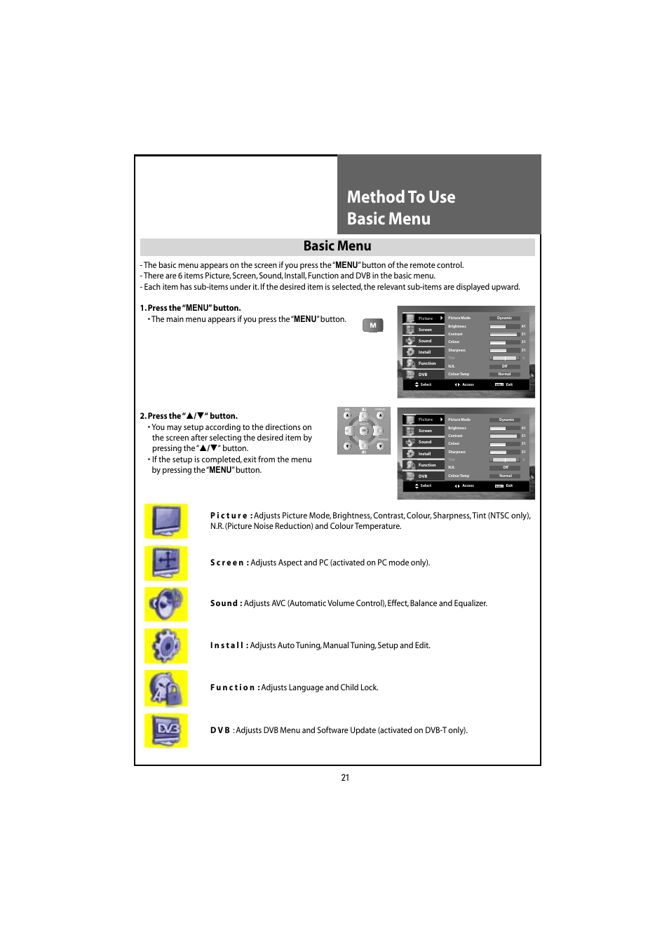 Method to use basic menu, Basic menu | Daewoo DLT-20J3T User Manual | Page 21 / 48