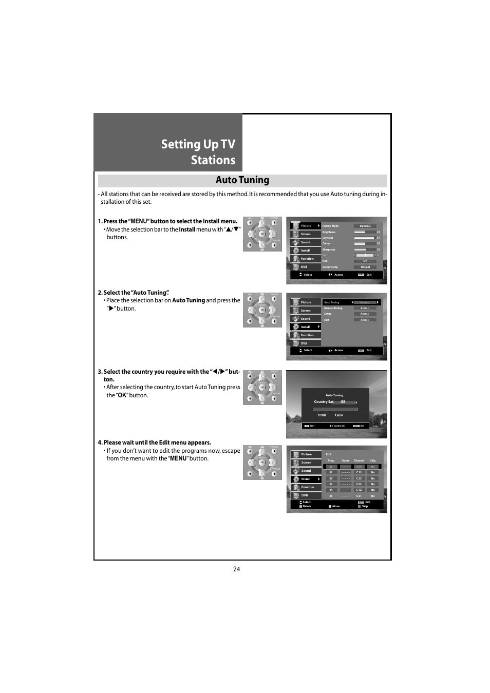 Setting up tv stations, Auto tuning | Daewoo DLT-20J3T User Manual | Page 24 / 48