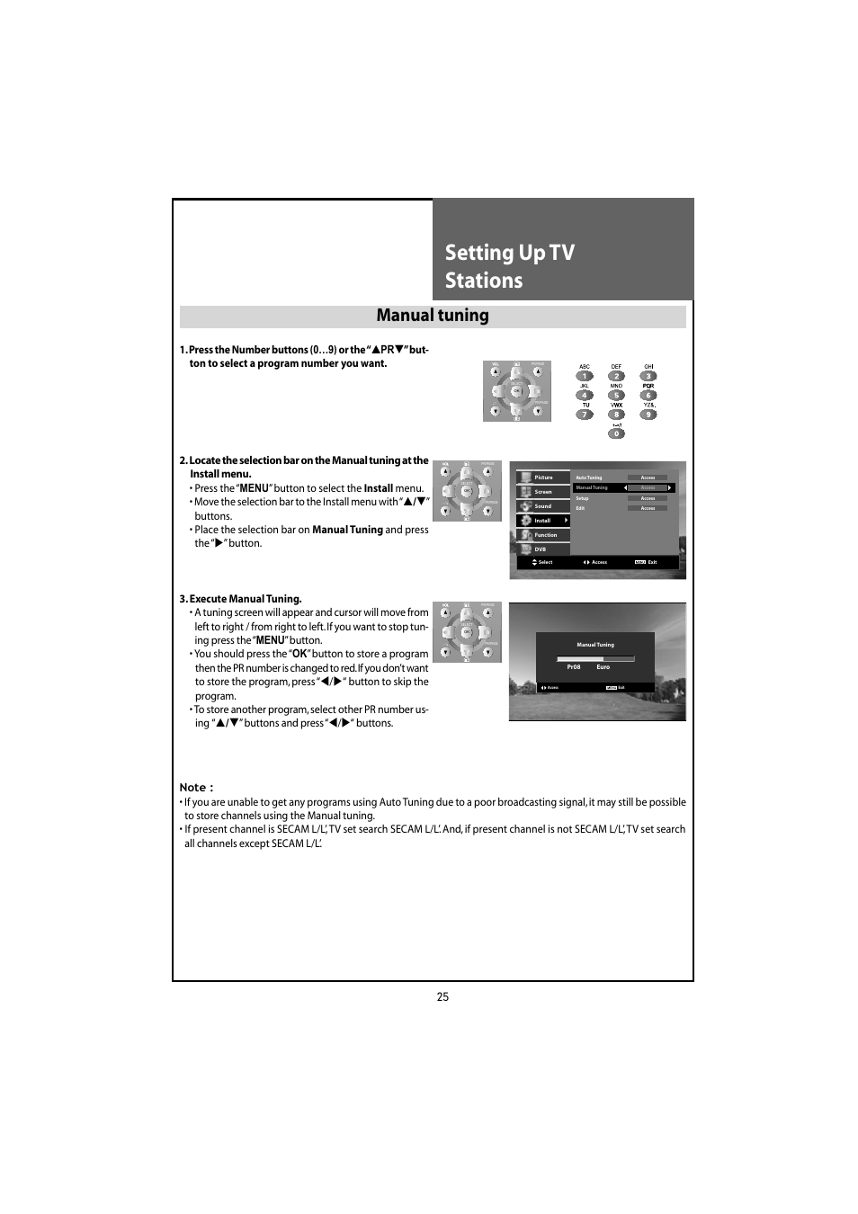 Setting up tv stations, Manual tuning | Daewoo DLT-20J3T User Manual | Page 25 / 48