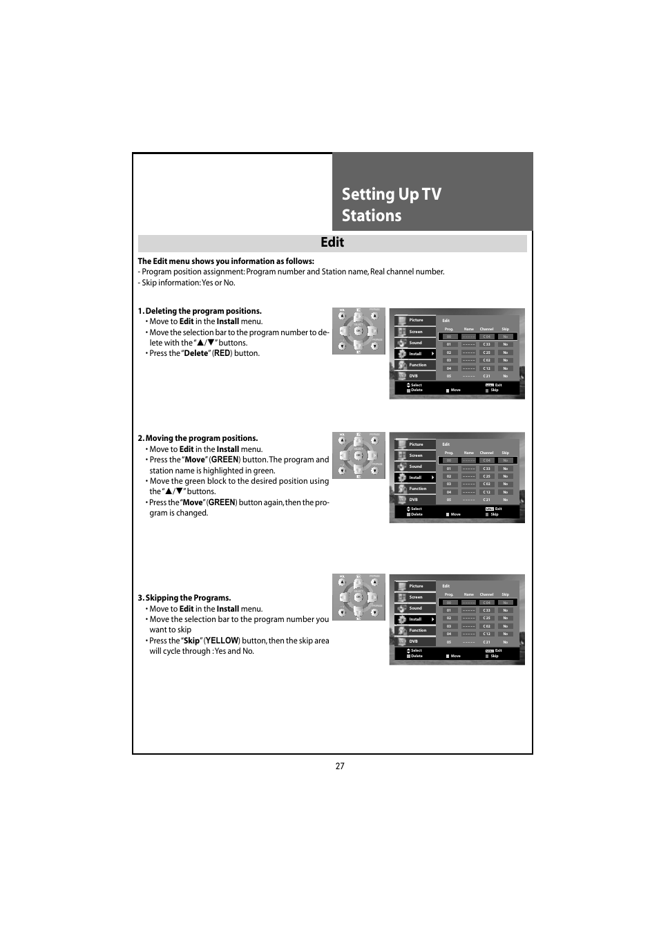 Setting up tv stations, Edit | Daewoo DLT-20J3T User Manual | Page 27 / 48