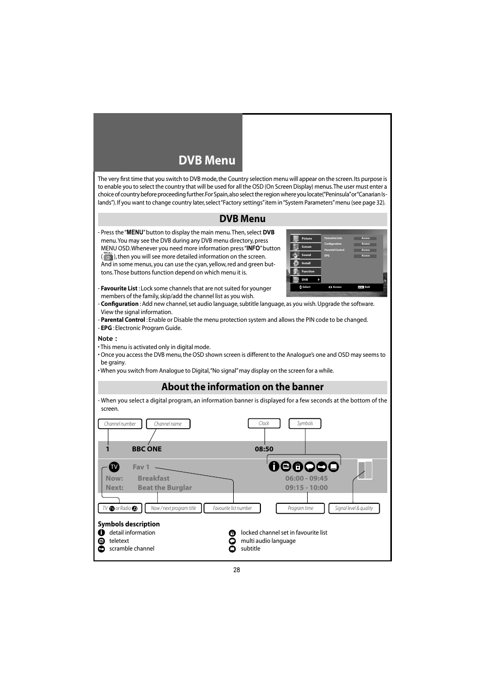 Dvb menu, About the information on the banner | Daewoo DLT-20J3T User Manual | Page 28 / 48