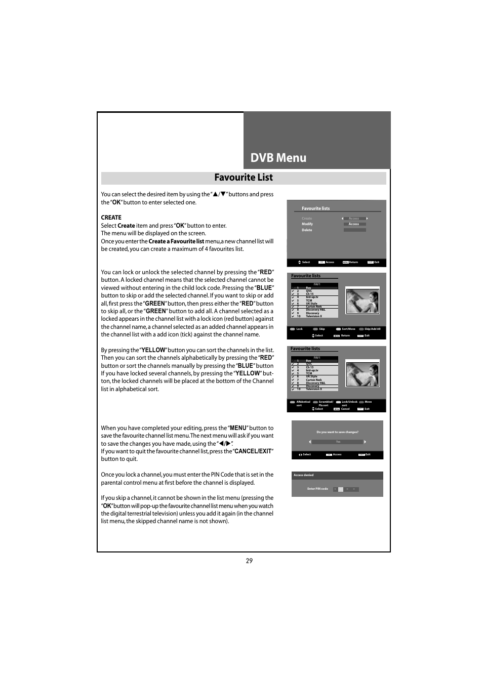 Dvb menu, Favourite list | Daewoo DLT-20J3T User Manual | Page 29 / 48