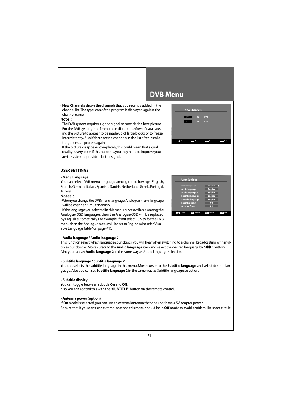 Dvb menu, User settings | Daewoo DLT-20J3T User Manual | Page 31 / 48