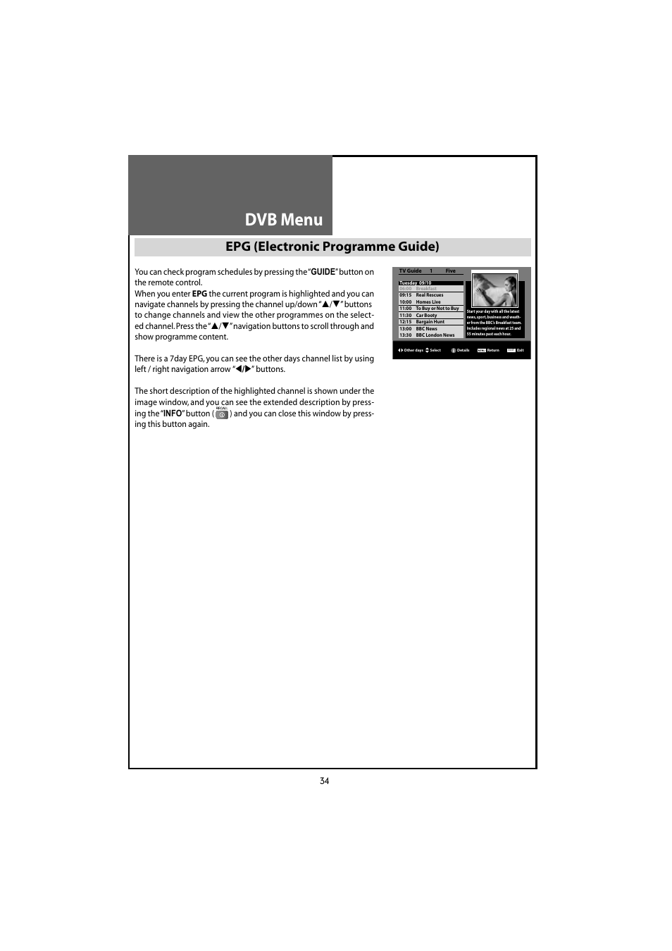 Dvb menu, Epg (electronic programme guide) | Daewoo DLT-20J3T User Manual | Page 34 / 48