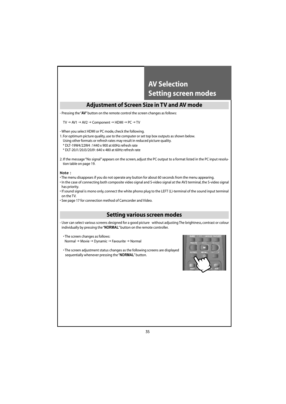 Av selection setting screen modes, Adjustment of screen size in tv and av mode, Setting various screen modes | Daewoo DLT-20J3T User Manual | Page 35 / 48