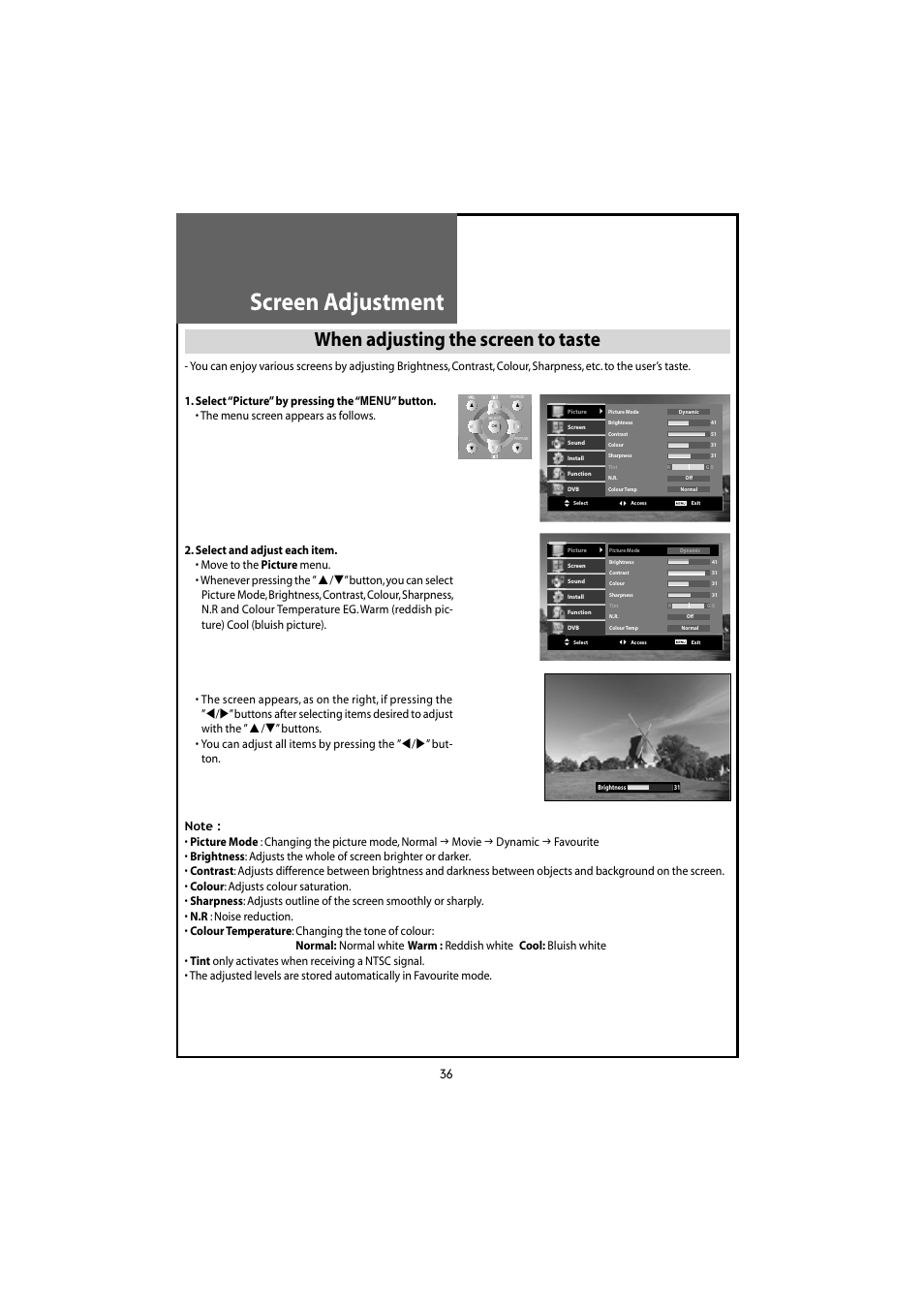 Screen adjustment, When adjusting the screen to taste | Daewoo DLT-20J3T User Manual | Page 36 / 48