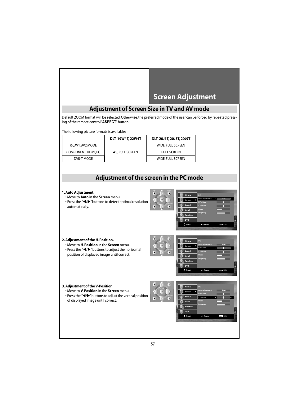 Screen adjustment, Adjustment of screen size in tv and av mode, Adjustment of the screen in the pc mode | Daewoo DLT-20J3T User Manual | Page 37 / 48