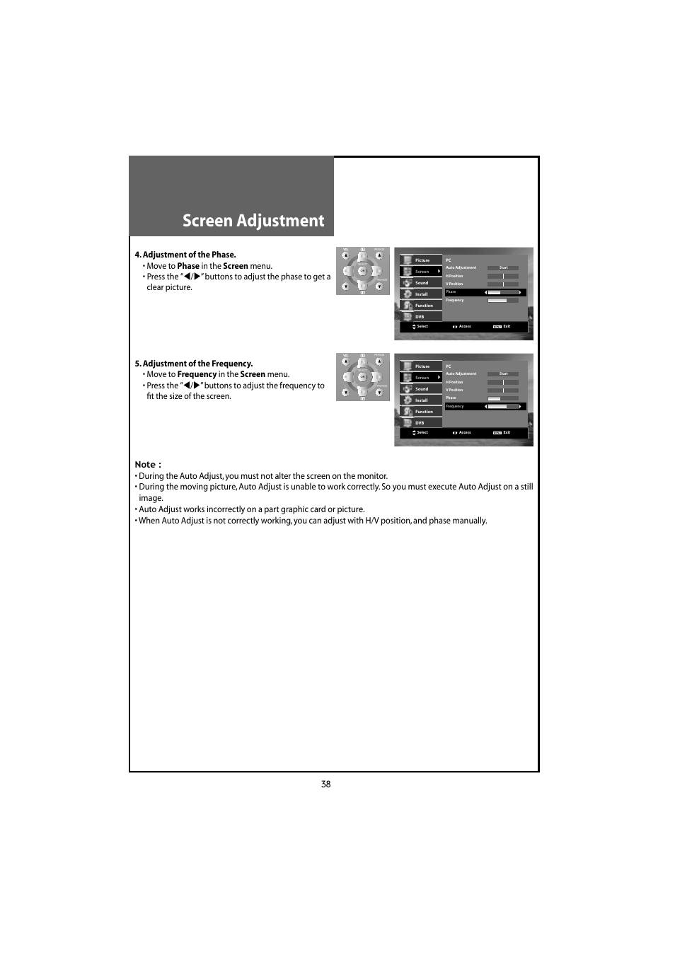 Screen adjustment | Daewoo DLT-20J3T User Manual | Page 38 / 48