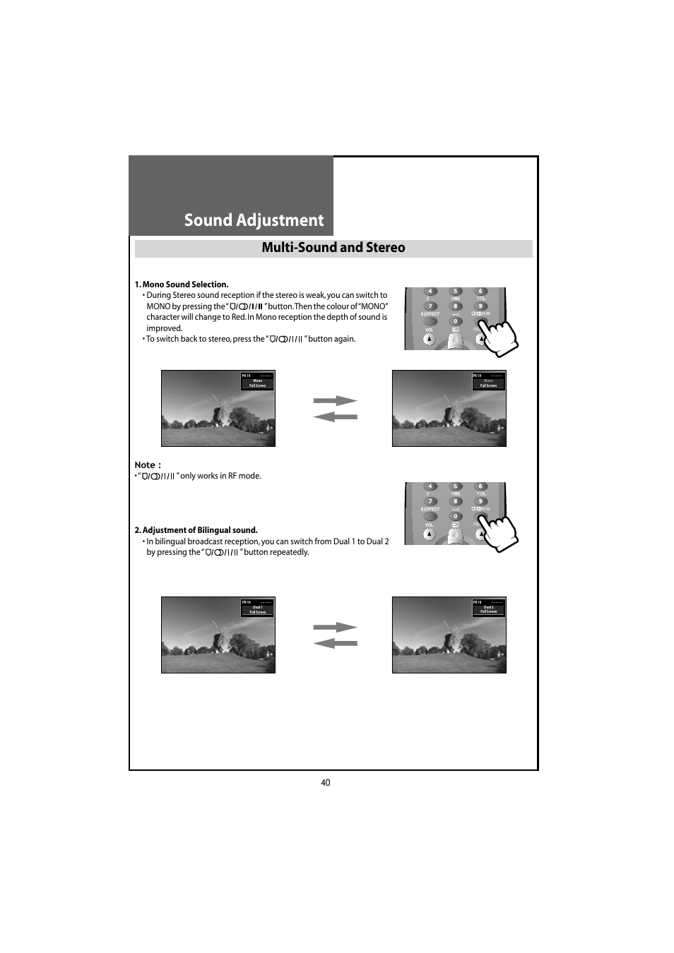 Sound adjustment, Multi-sound and stereo | Daewoo DLT-20J3T User Manual | Page 40 / 48