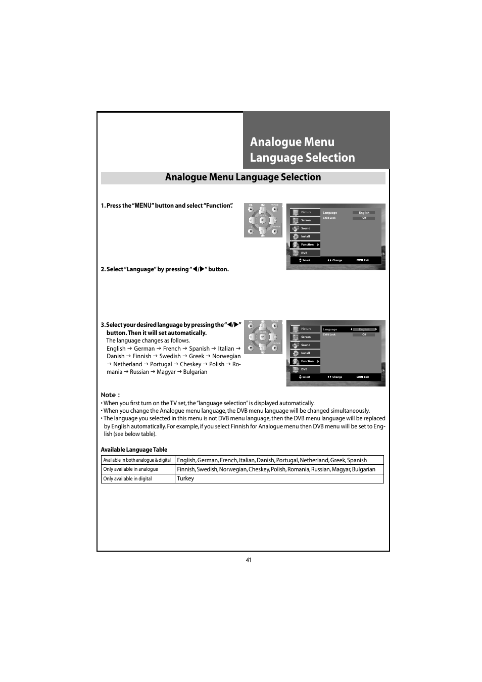 Analogue menu language selection | Daewoo DLT-20J3T User Manual | Page 41 / 48