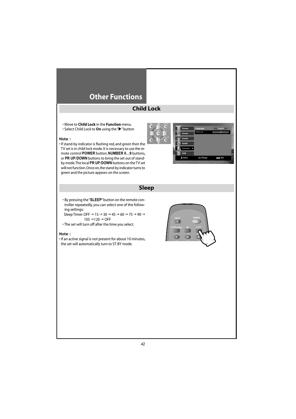 Other functions, Child lock sleep | Daewoo DLT-20J3T User Manual | Page 42 / 48