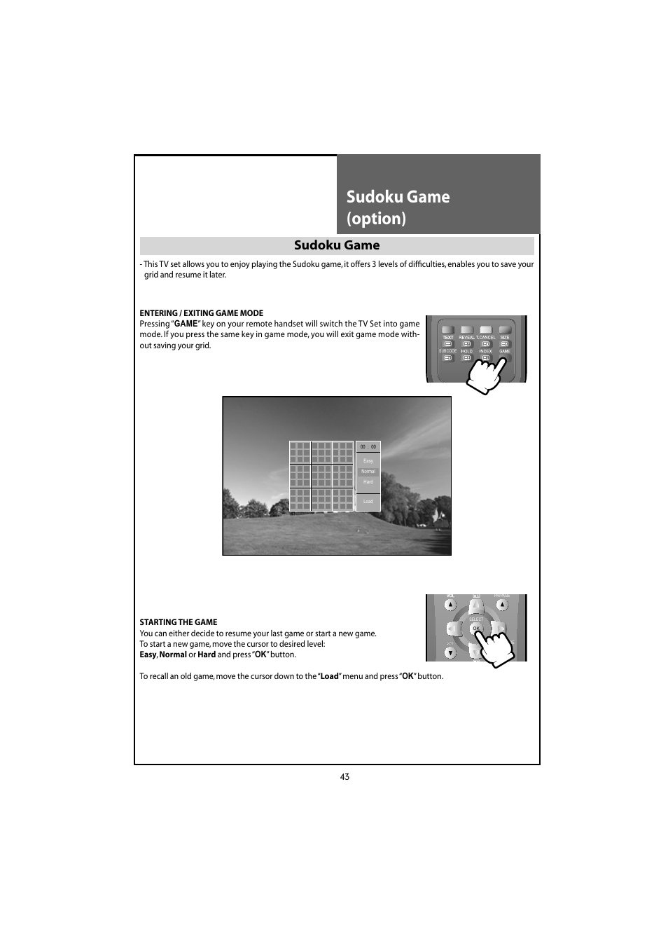 Sudoku game (option), Sudoku game | Daewoo DLT-20J3T User Manual | Page 43 / 48