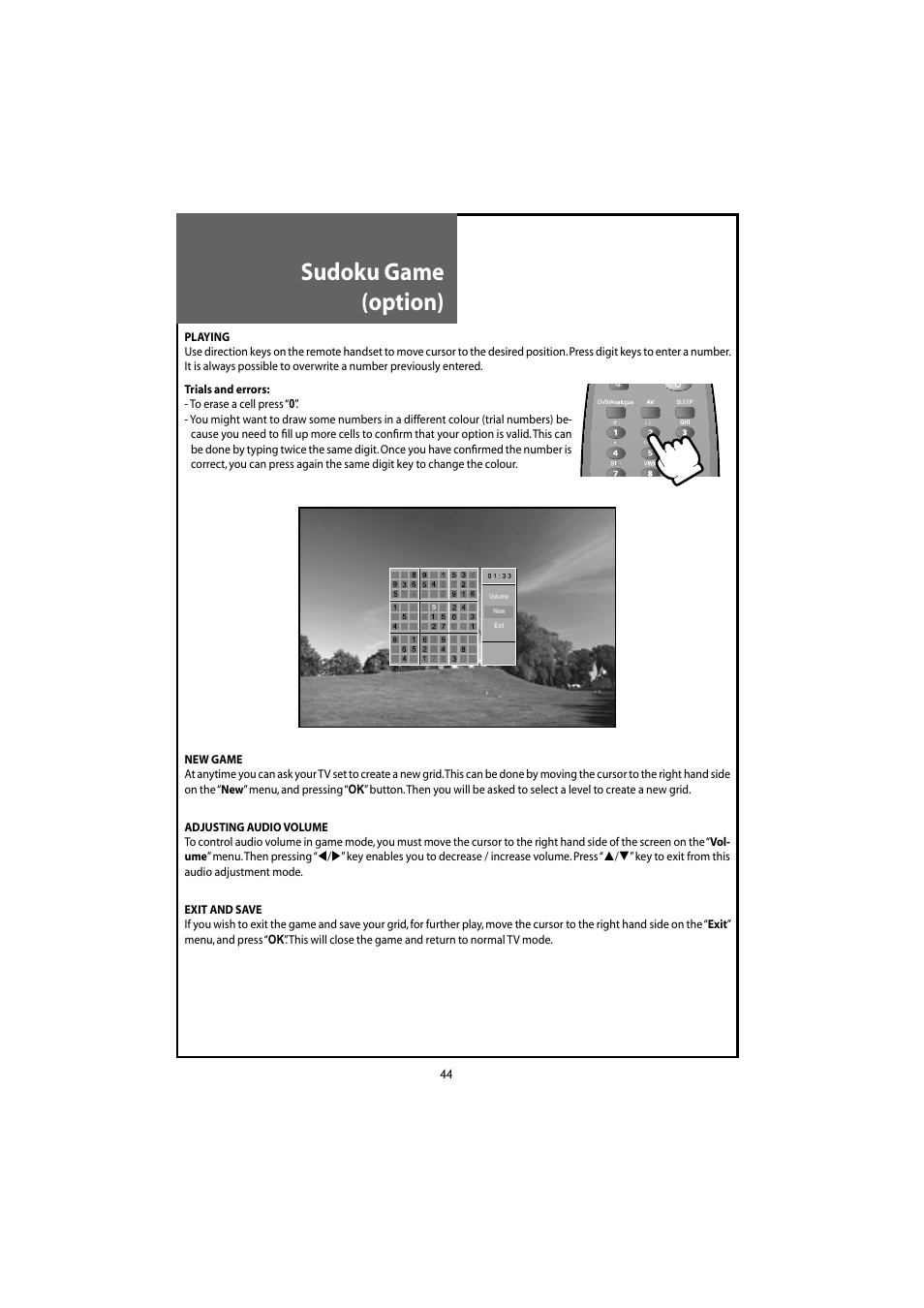 Sudoku game (option) | Daewoo DLT-20J3T User Manual | Page 44 / 48