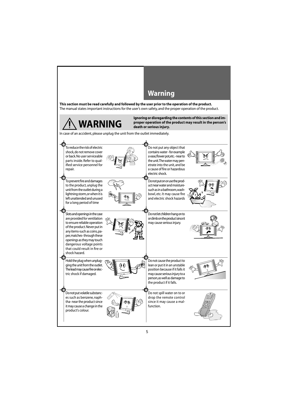 Warning | Daewoo DLT-20J3T User Manual | Page 5 / 48