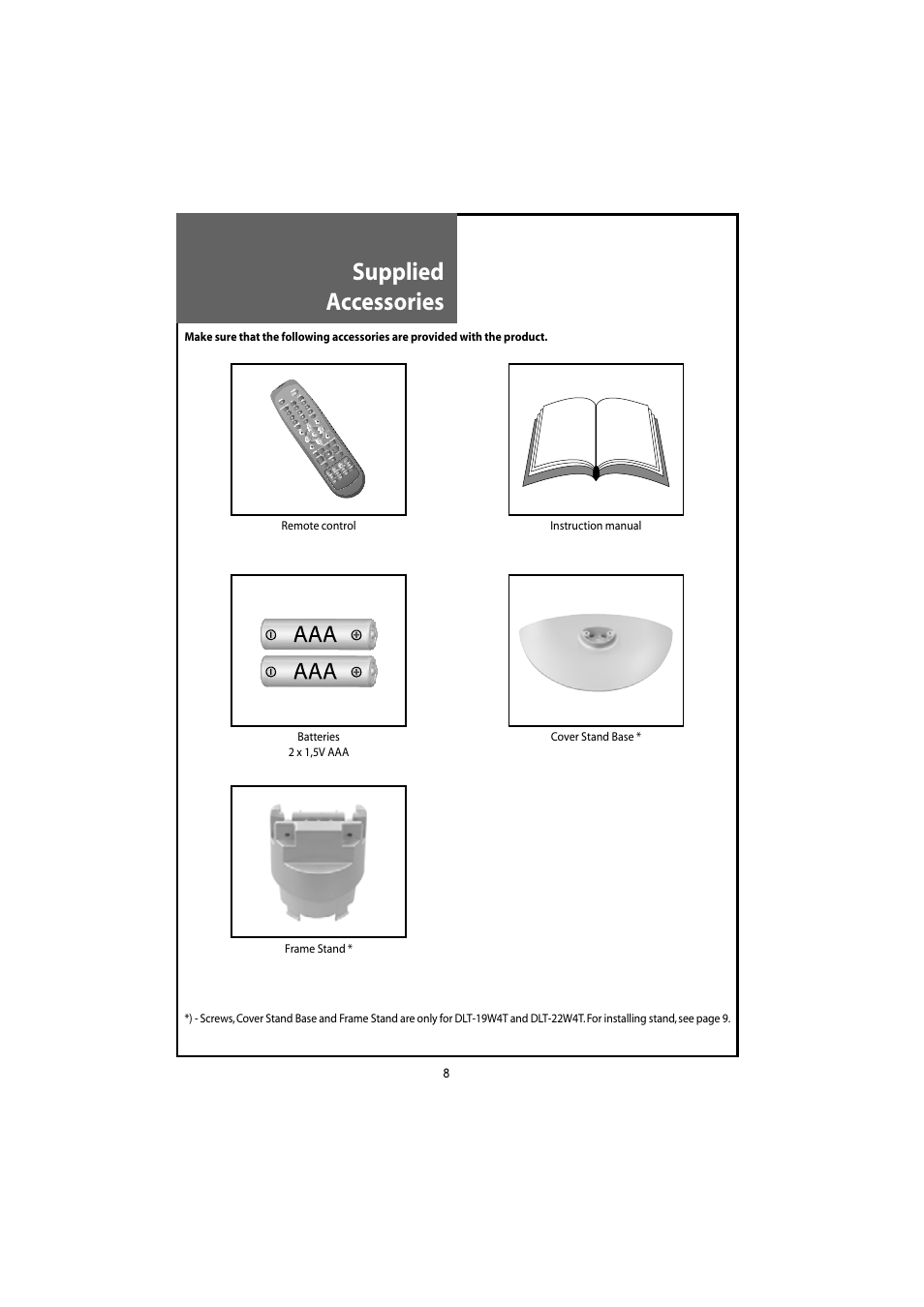 Supplied accessories | Daewoo DLT-20J3T User Manual | Page 8 / 48