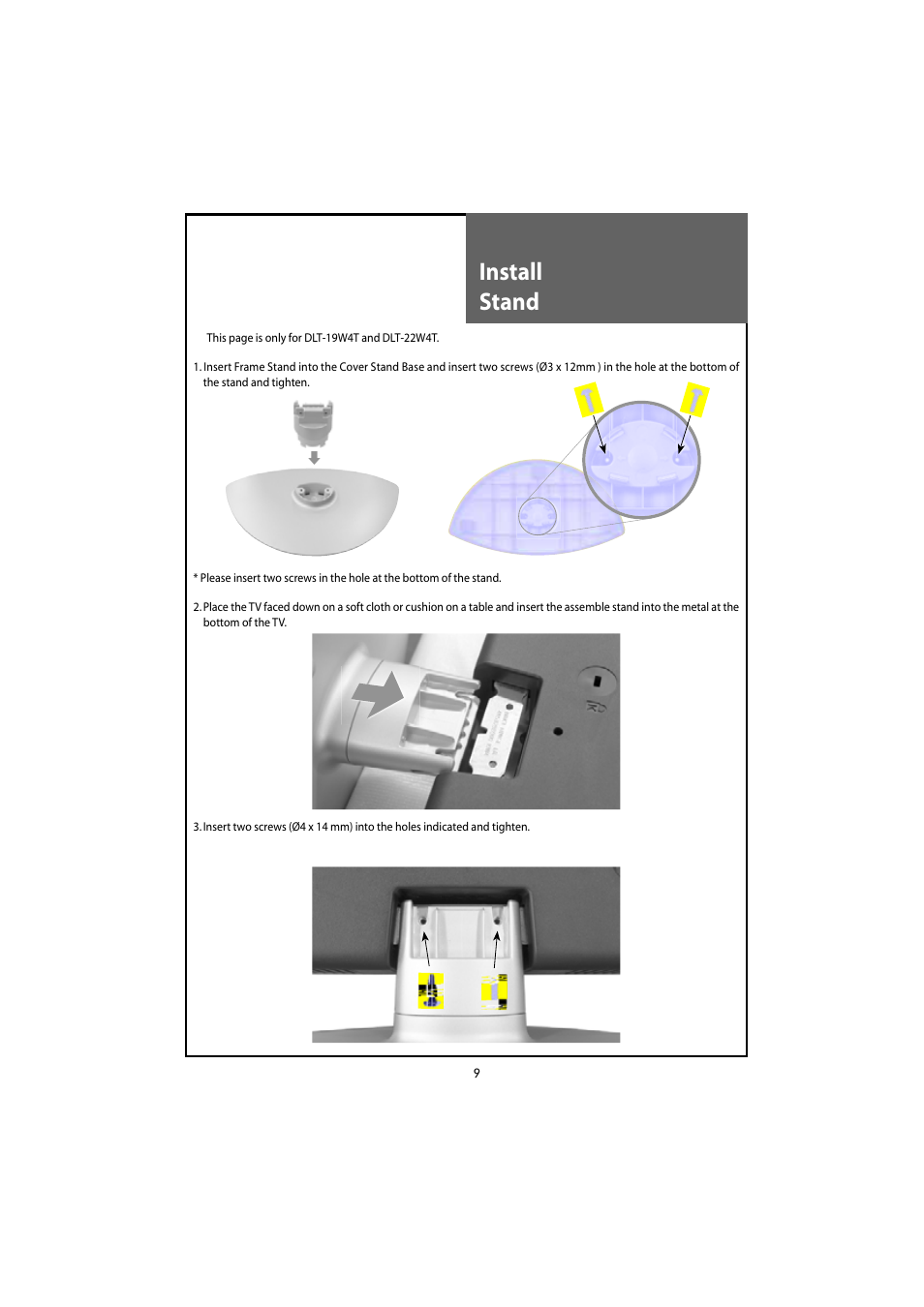 Install stand | Daewoo DLT-20J3T User Manual | Page 9 / 48