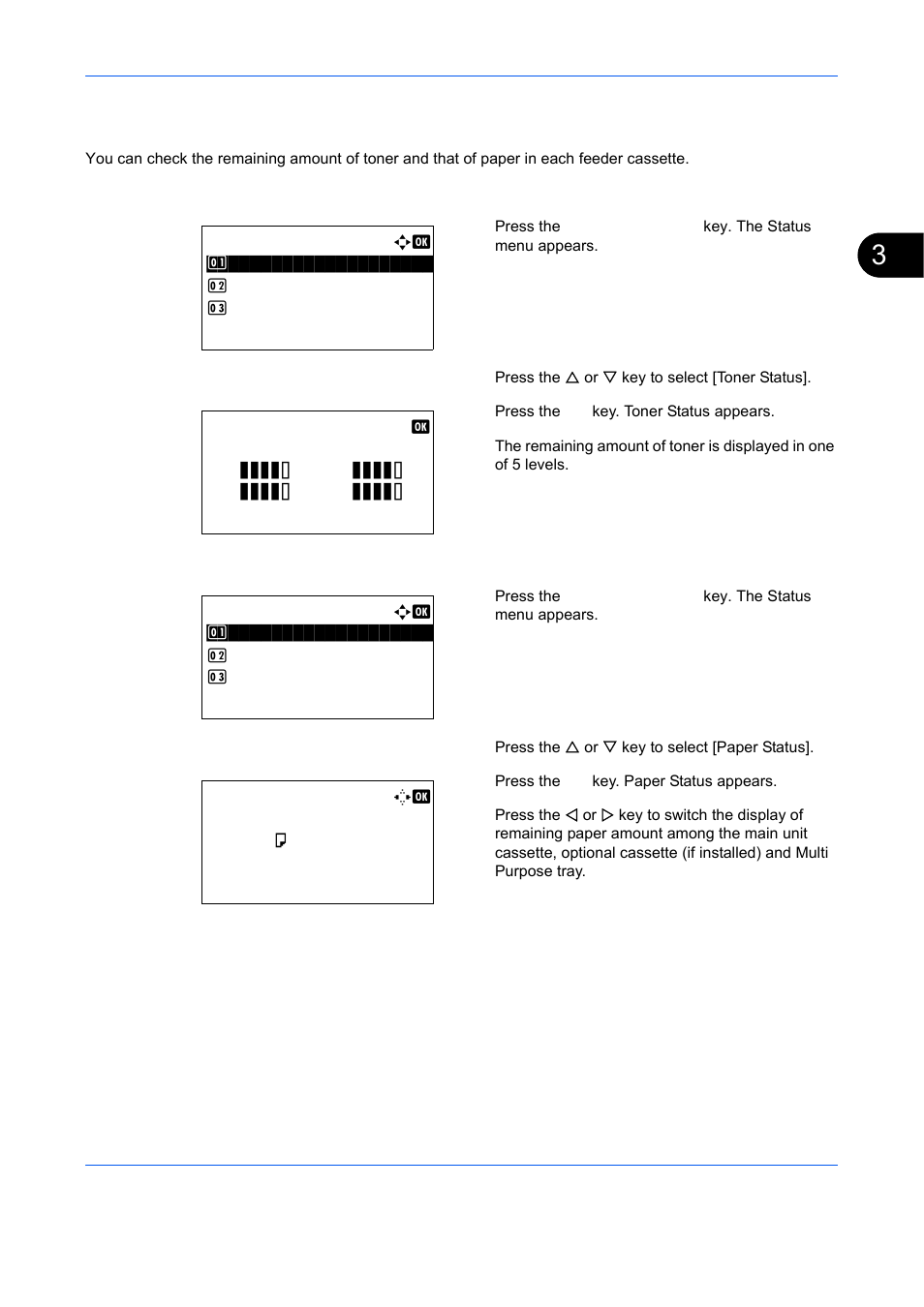 Checking remaining toner and paper, Checking remaining toner, Checking remaining paper | Checking remaining toner and paper -51, Ge 3-51 | TA Triumph-Adler DCC 6526L User Manual | Page 152 / 526