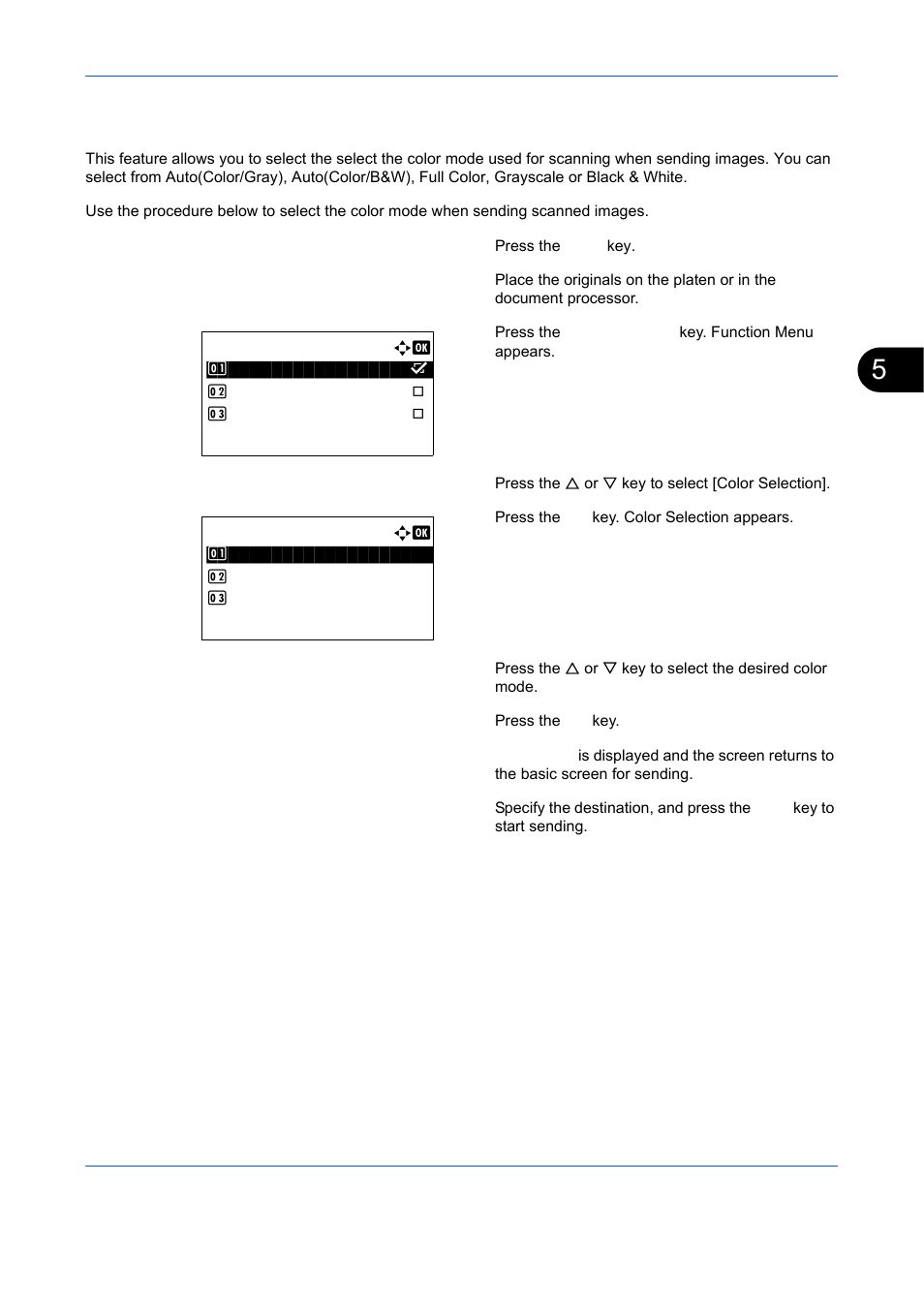 Color / grayscale / black and white selection, Color / grayscale / black and white selection -19, Ge 5-19 | TA Triumph-Adler DCC 6526L User Manual | Page 198 / 526