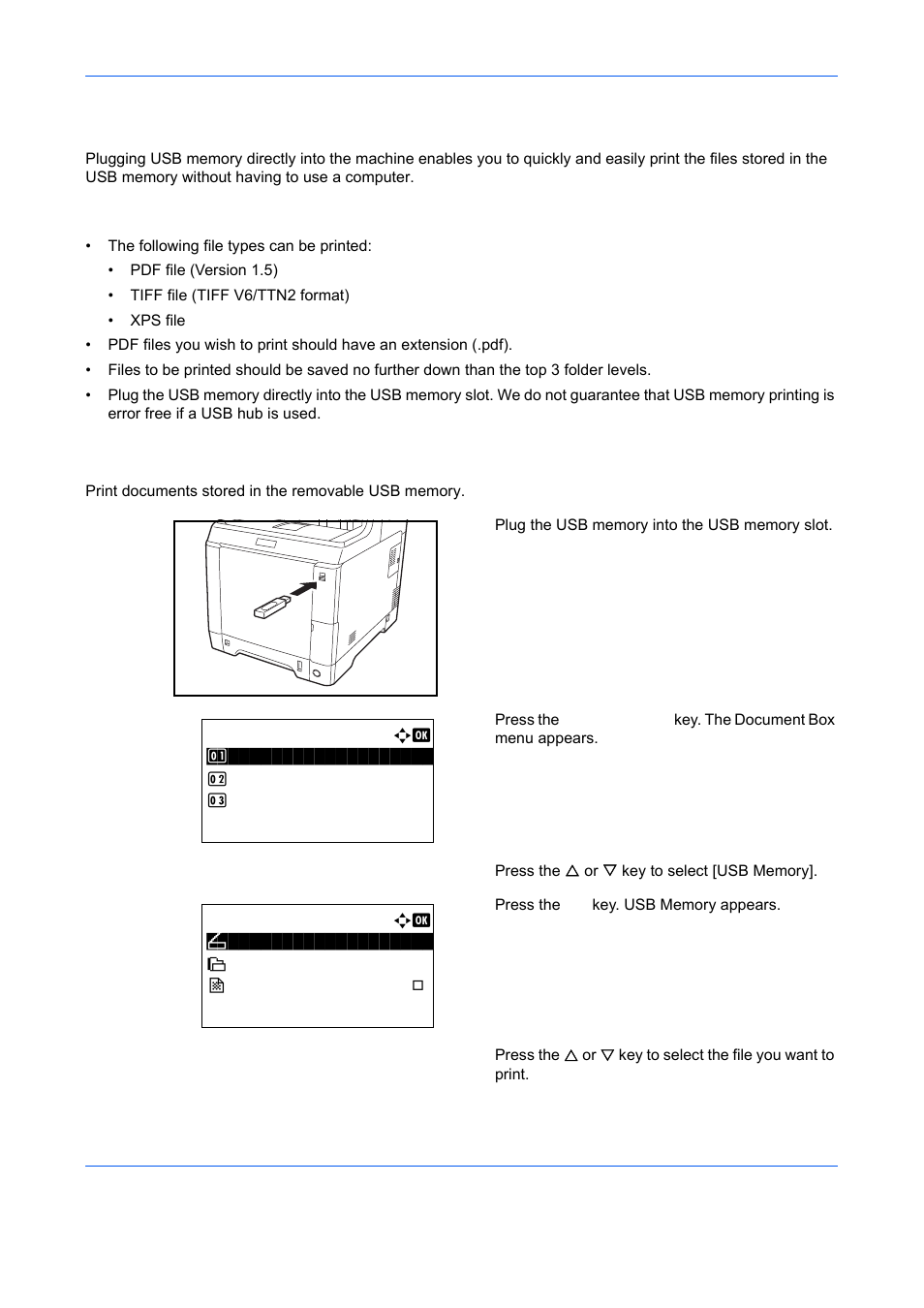 Printing documents stored in usb memory, Limitations, Printing | Printing documents stored in usb memory -2, Documents stored, In usb memory, Ge 6-2) | TA Triumph-Adler DCC 6526L User Manual | Page 213 / 526