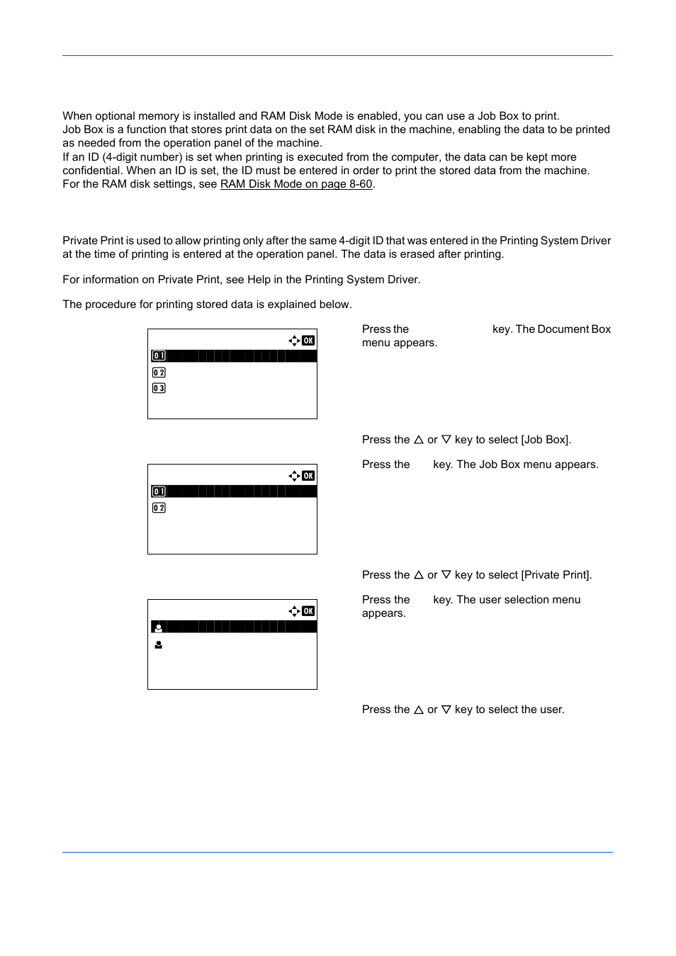 Printing from a job box, Private print, Printing from a job box -8 | Ge 6-8) | TA Triumph-Adler DCC 6526L User Manual | Page 219 / 526