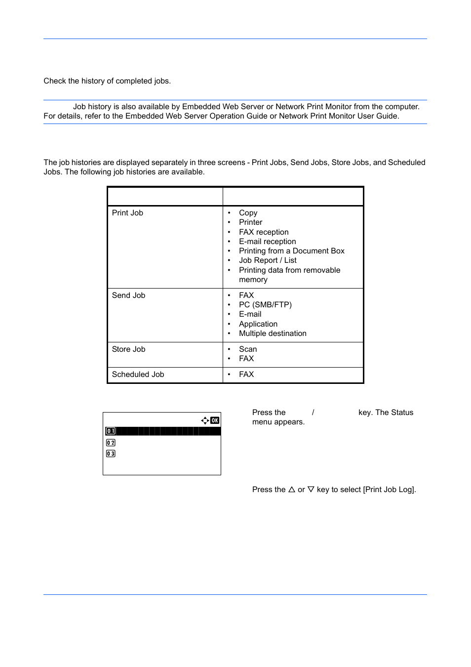 Checking job history, Available job history screens, Displaying print job log | Checking job history -8, Ge 7-8) | TA Triumph-Adler DCC 6526L User Manual | Page 231 / 526