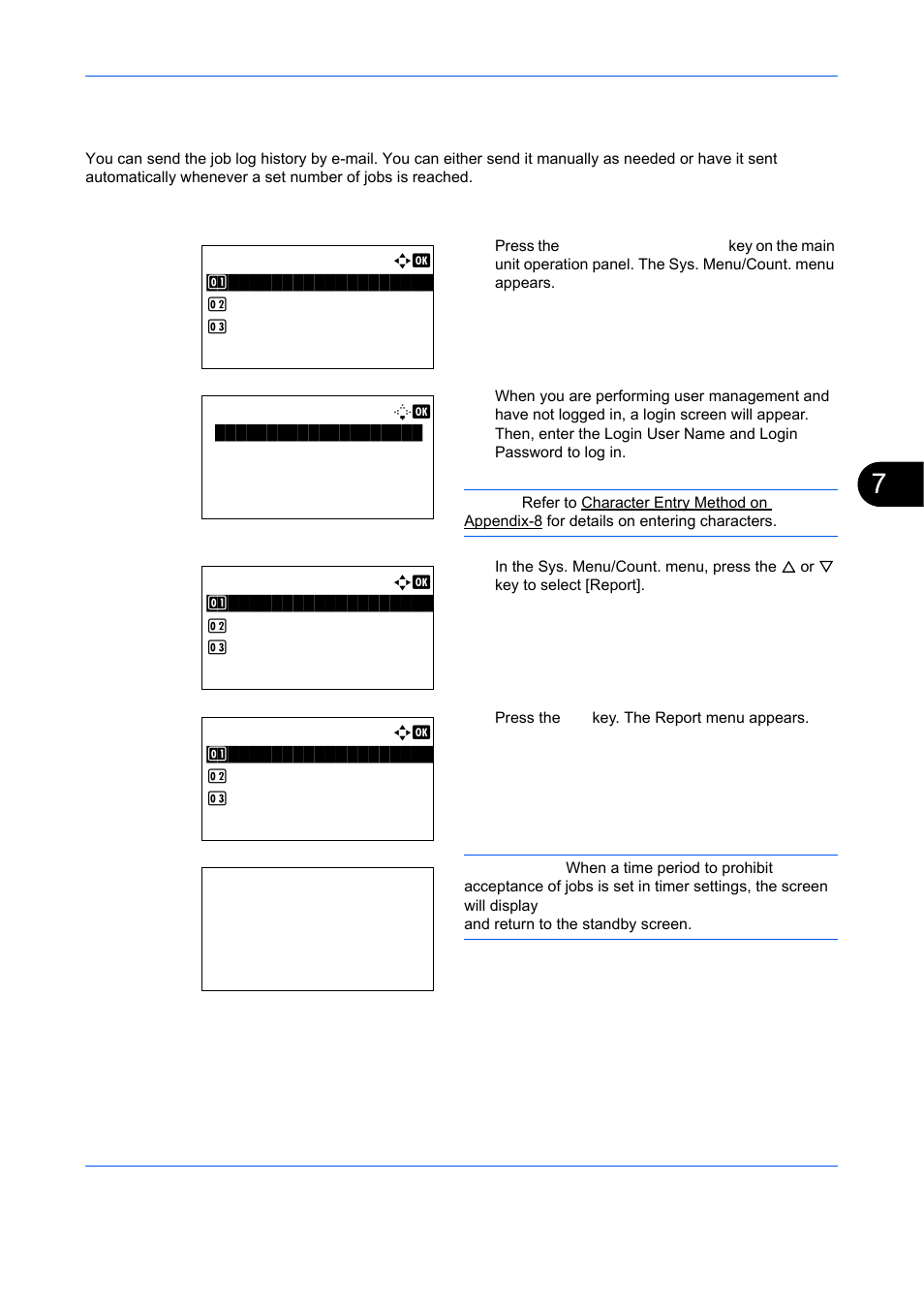 Sending the job log history, Displaying job log history menu, Sending the job log history -13 | TA Triumph-Adler DCC 6526L User Manual | Page 236 / 526