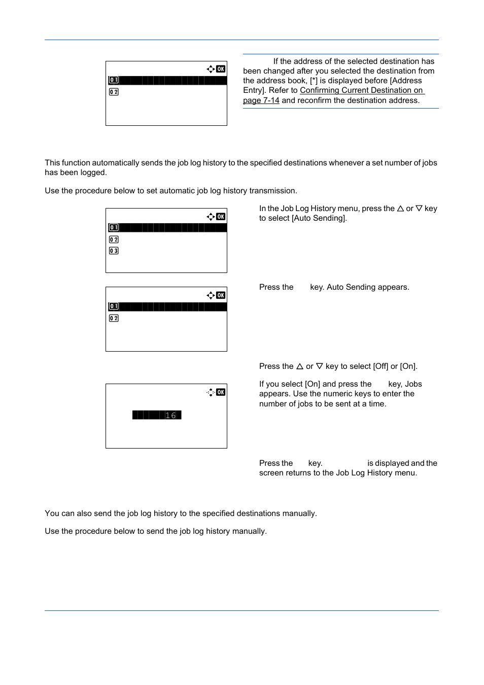 Automatic job log history transmission, Manual job log history transmission | TA Triumph-Adler DCC 6526L User Manual | Page 239 / 526