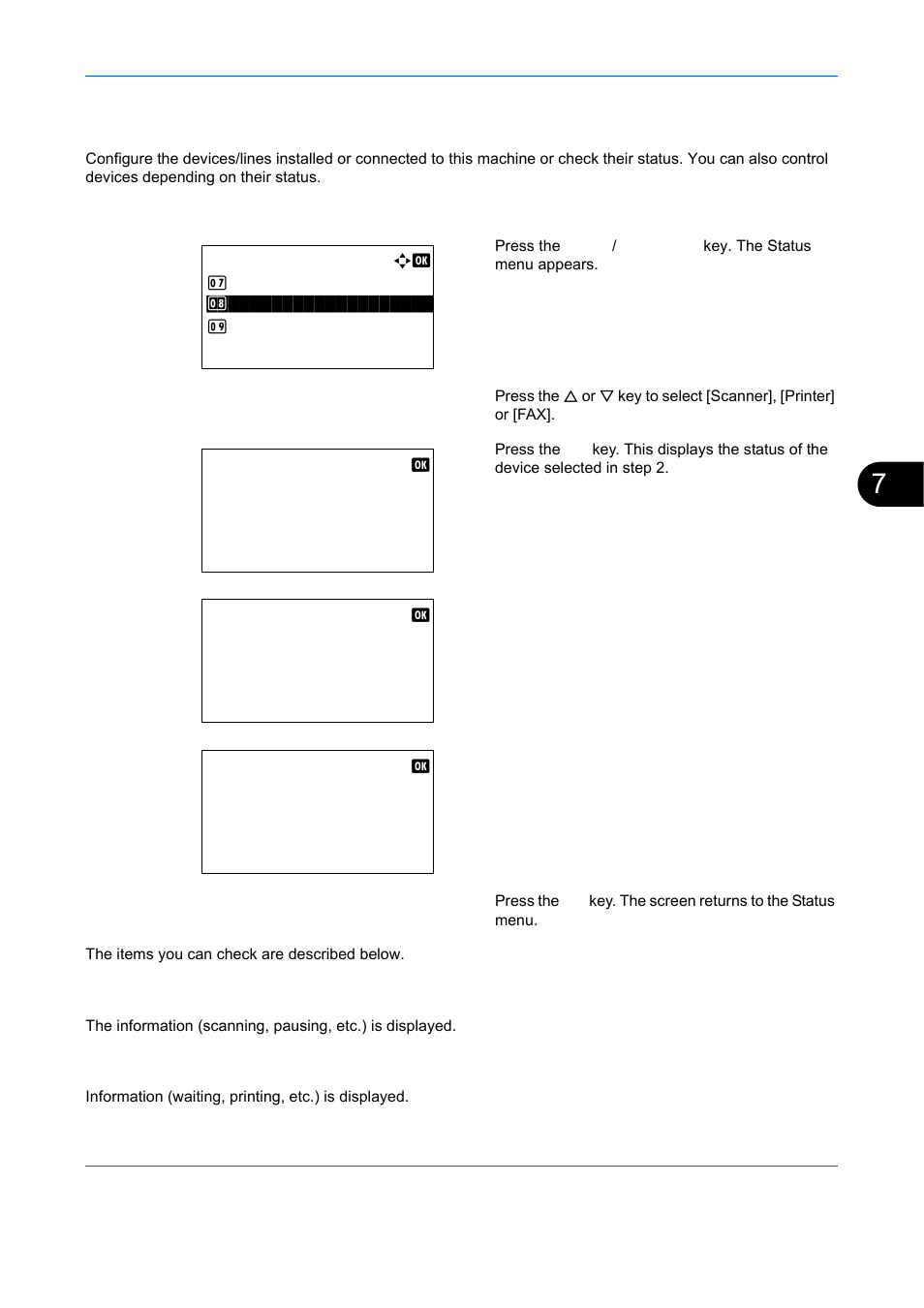 Device/communication, Check of device status, Device/communication -19 | Ge 7-19 | TA Triumph-Adler DCC 6526L User Manual | Page 242 / 526