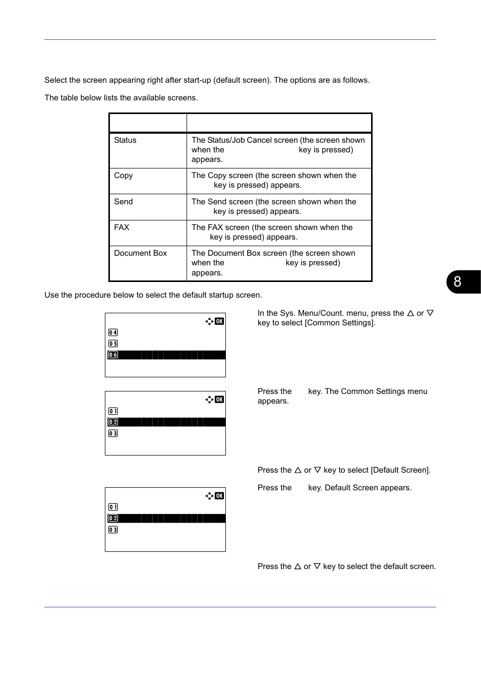 Default screen, Default screen …8-5 | TA Triumph-Adler DCC 6526L User Manual | Page 250 / 526