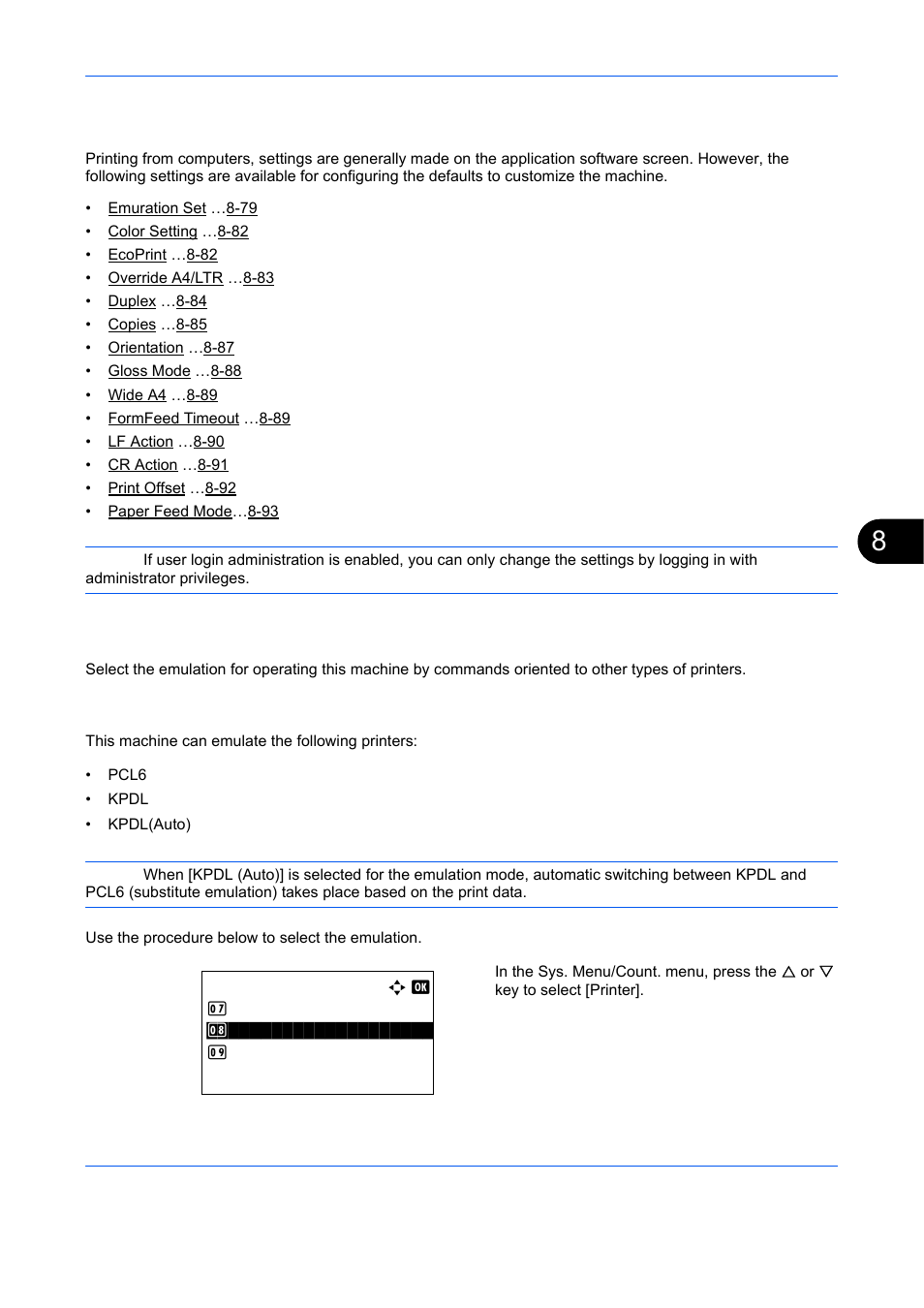 Printer settings, Emuration set, Printer settings -79 | TA Triumph-Adler DCC 6526L User Manual | Page 324 / 526