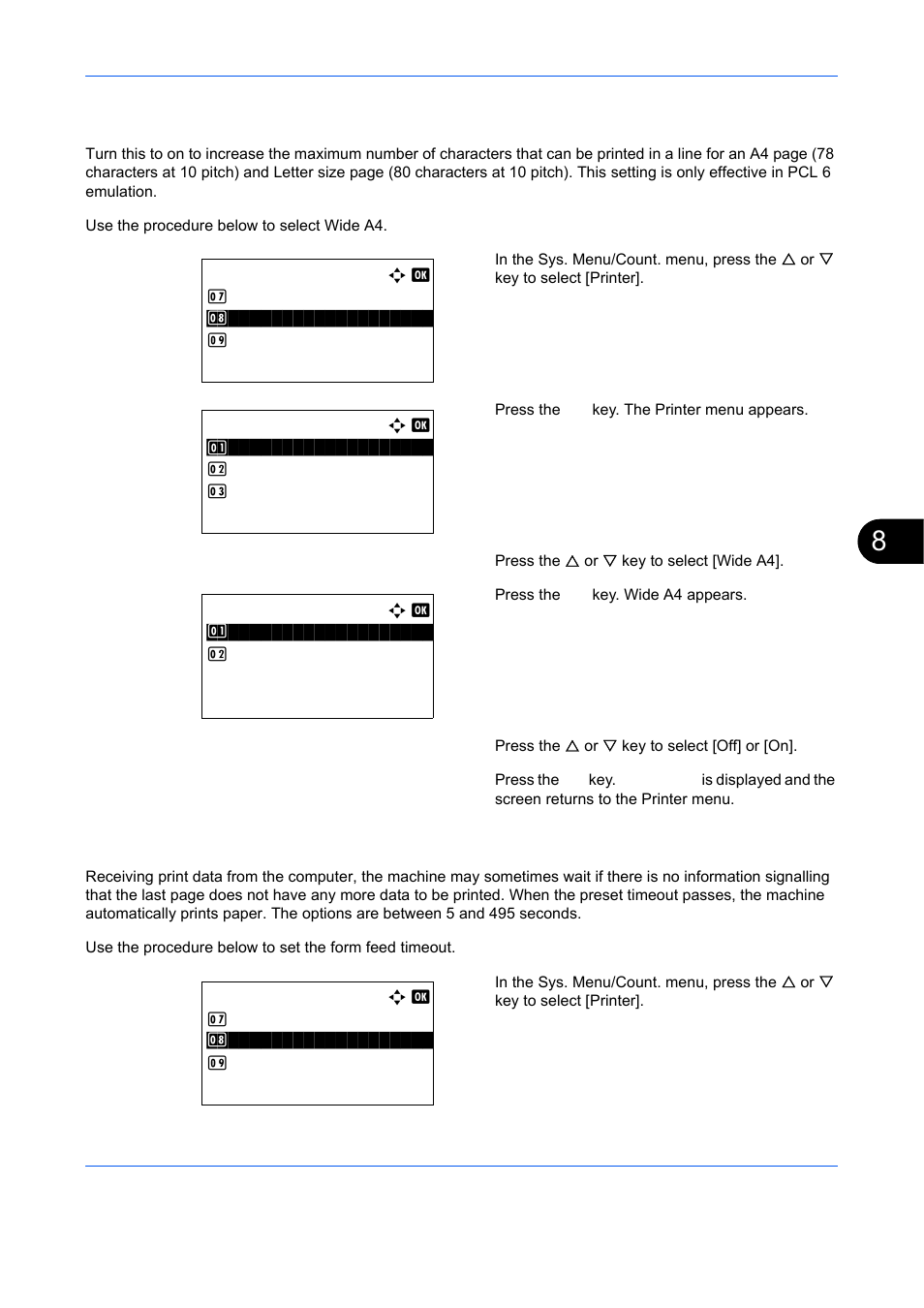 Wide a4, Formfeed timeout, Wide a4 …8-89 | Formfeed timeout …8-89 | TA Triumph-Adler DCC 6526L User Manual | Page 334 / 526