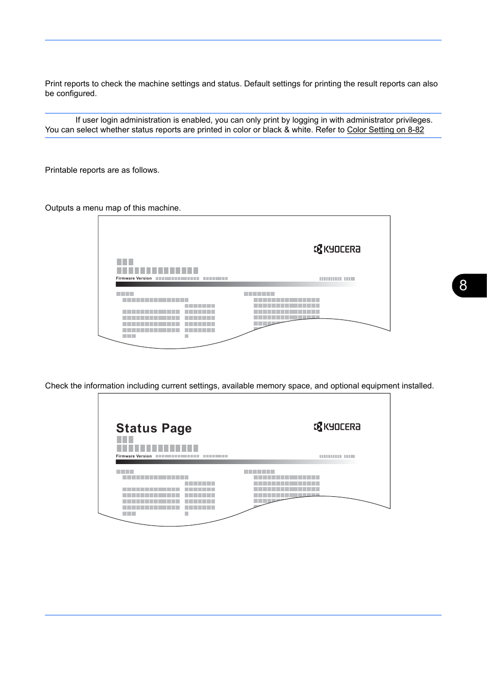 Printing reports/sending notice, Printing reports, Printing reports/sending notice -95 | Status page, Menu map status page | TA Triumph-Adler DCC 6526L User Manual | Page 340 / 526